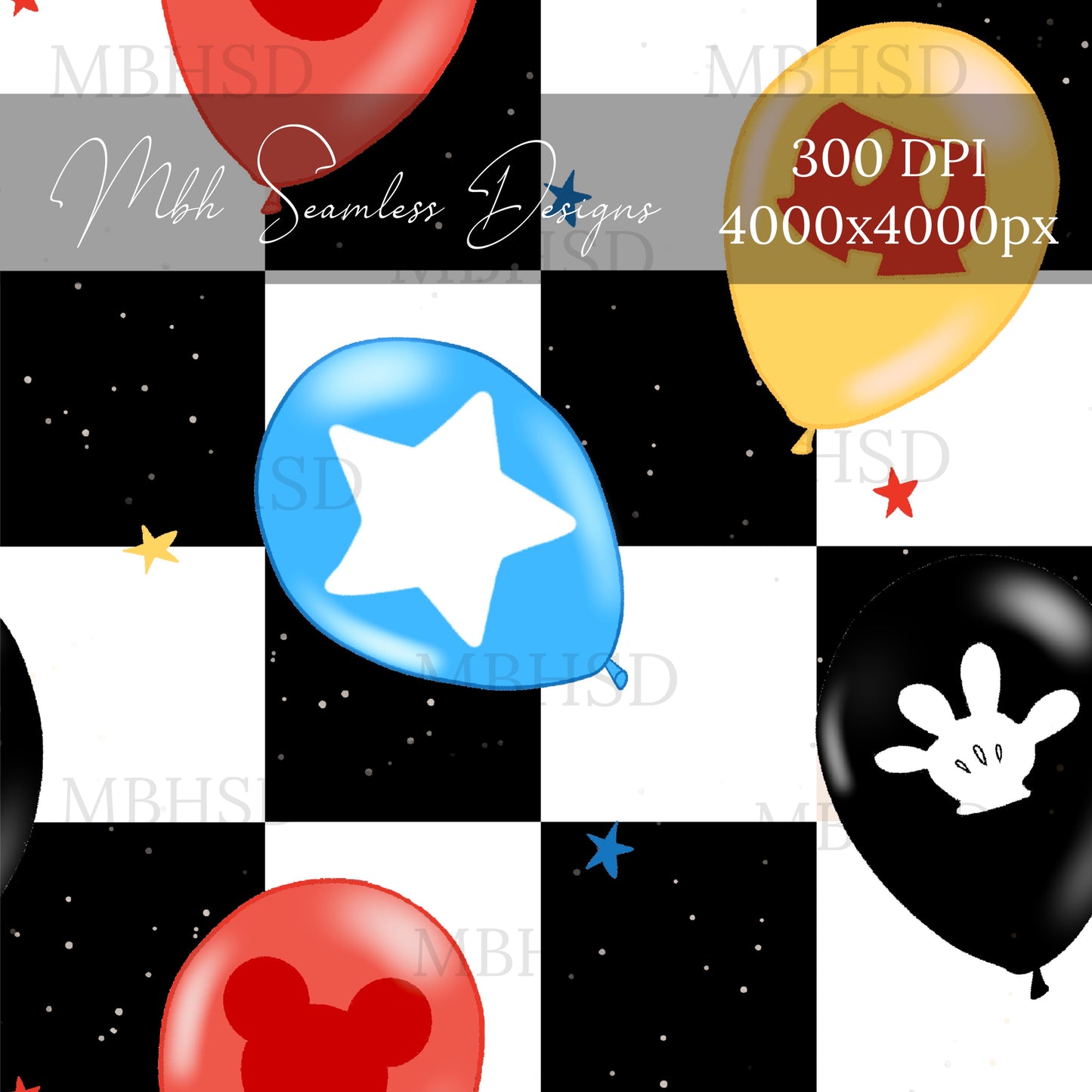 Black Checkered Mouse Balloons Seamless Pattern