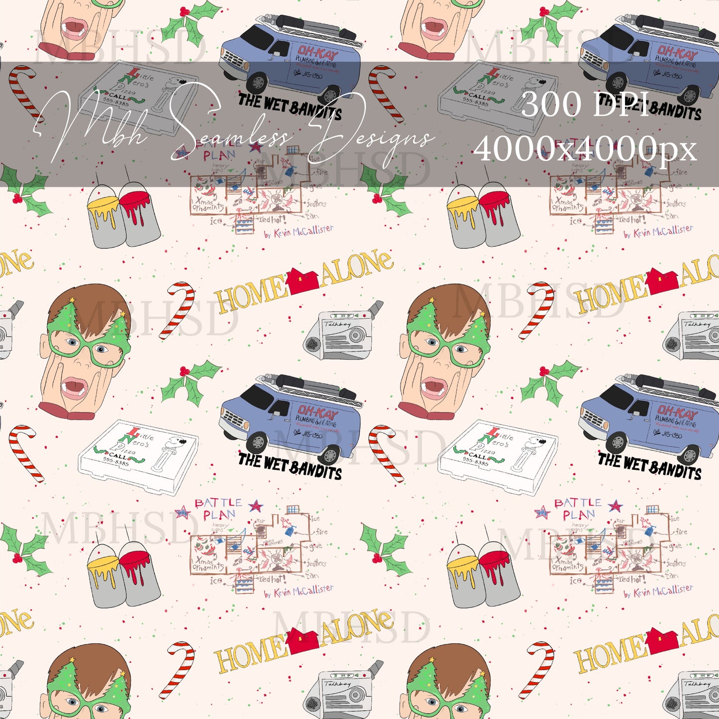 Home Alone Candycanes & Mistletoe Seamless Pattern