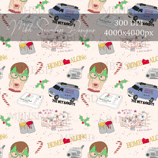 Home Alone Candycanes & Mistletoe Seamless Pattern