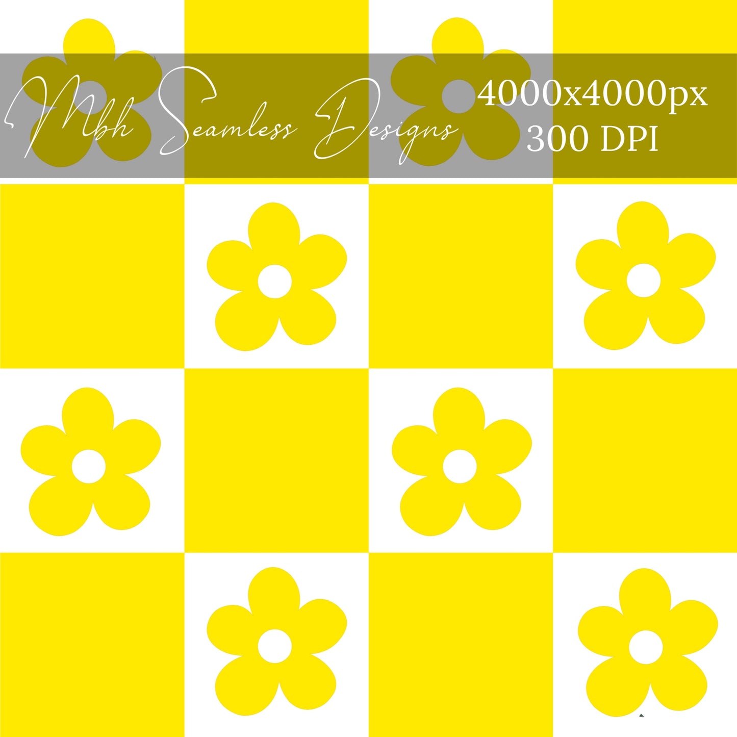 Neon Yellow Checkered Floral Seamless Pattern