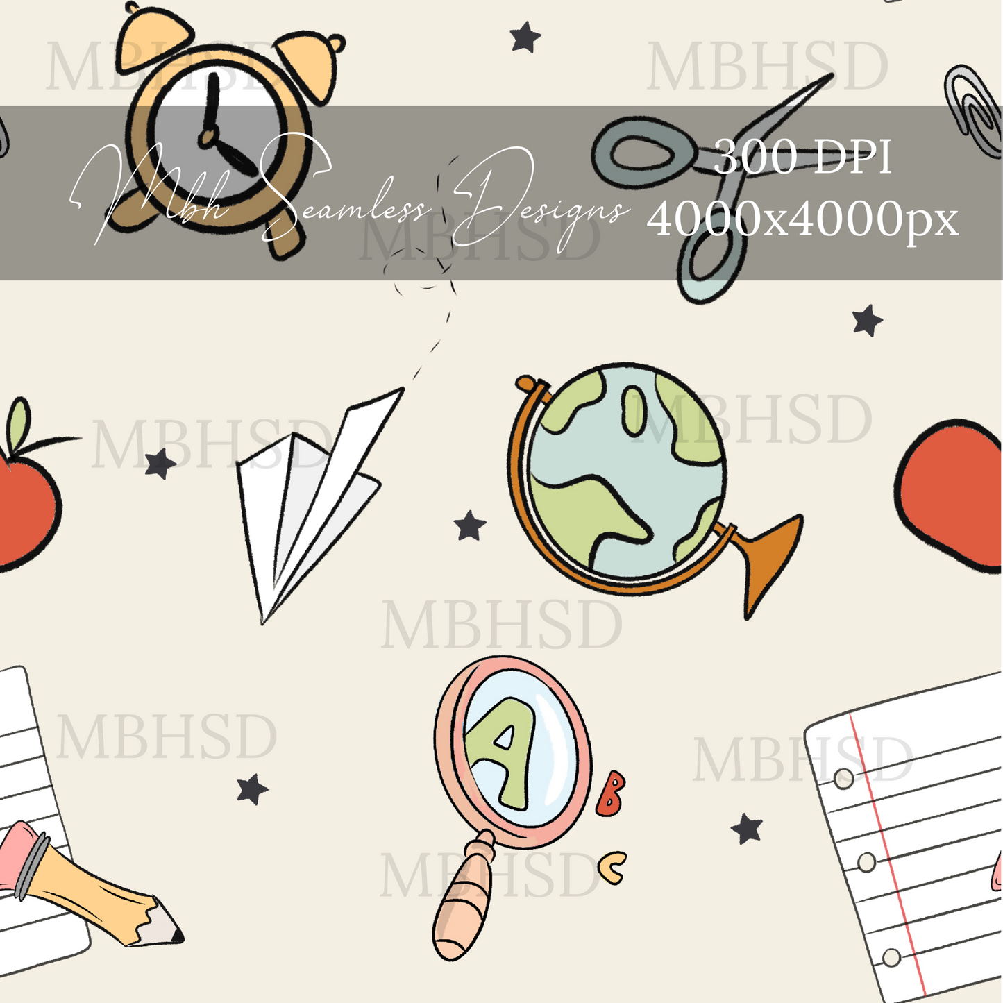 Starry School Supplies Seamless Pattern