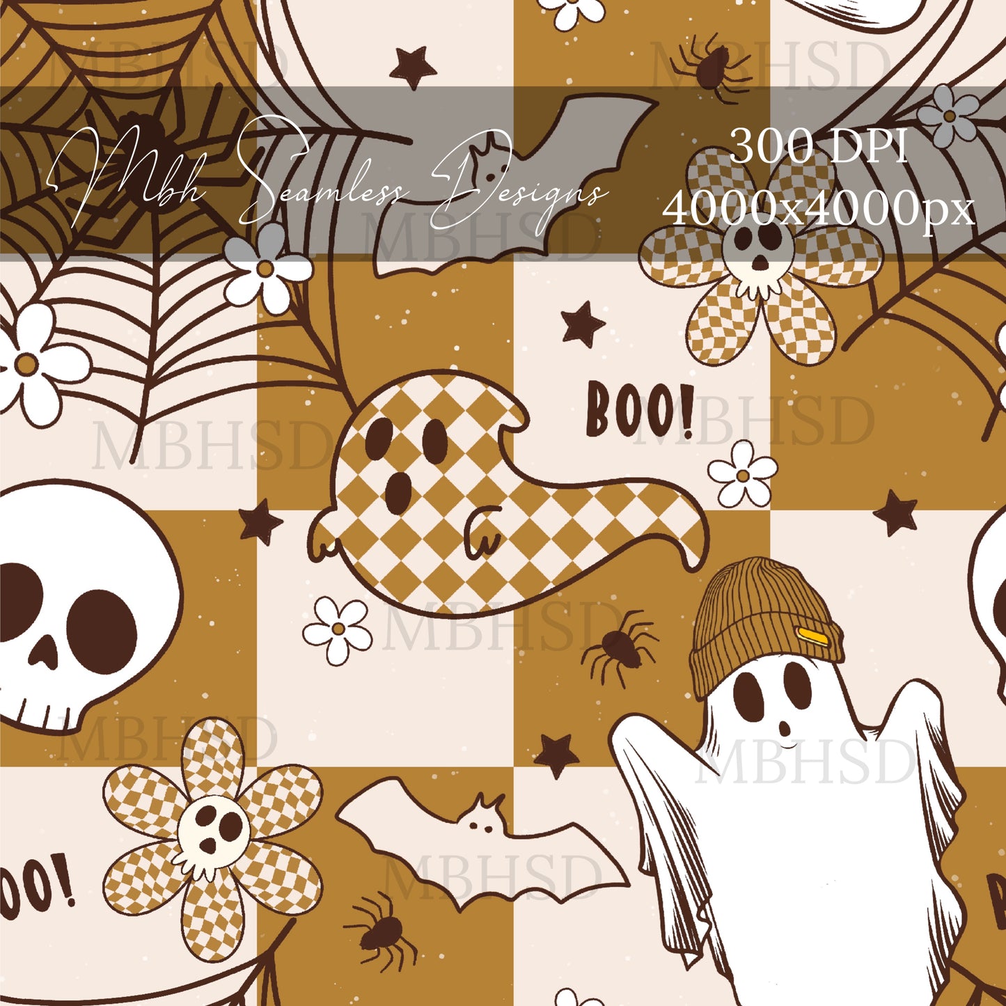 Neutral Checkered Groovy Ghost Seamless Pattern