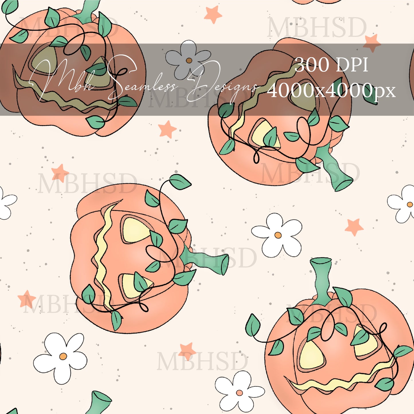 Boho  Floral Jack O Lanterns   Seamless Pattern