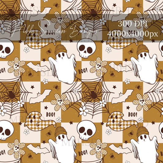 Neutral Checkered Groovy Ghost Seamless Pattern