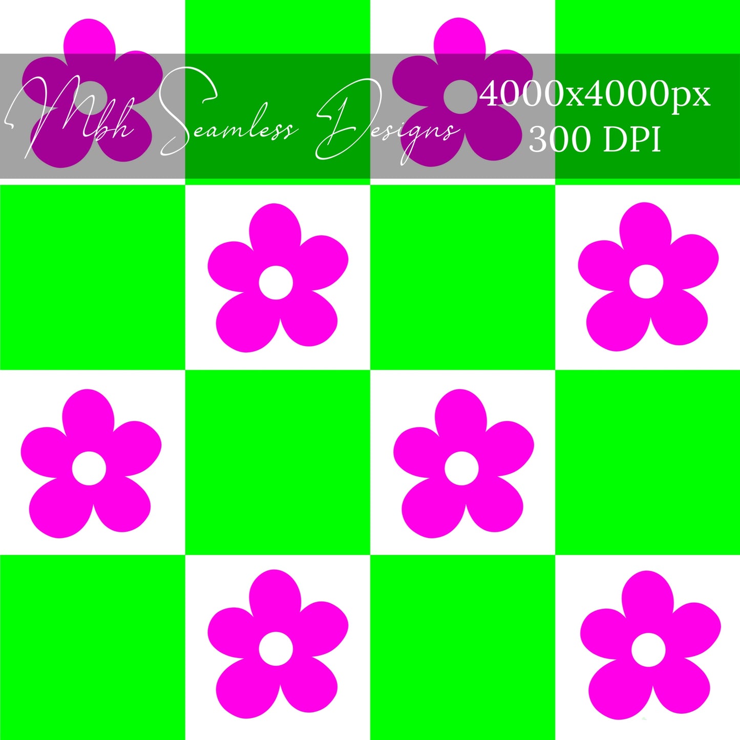Neon Pink Green Checkered Floral Seamless Pattern