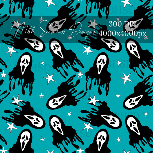 Ghost Face Starry Teal Seamless Pattern