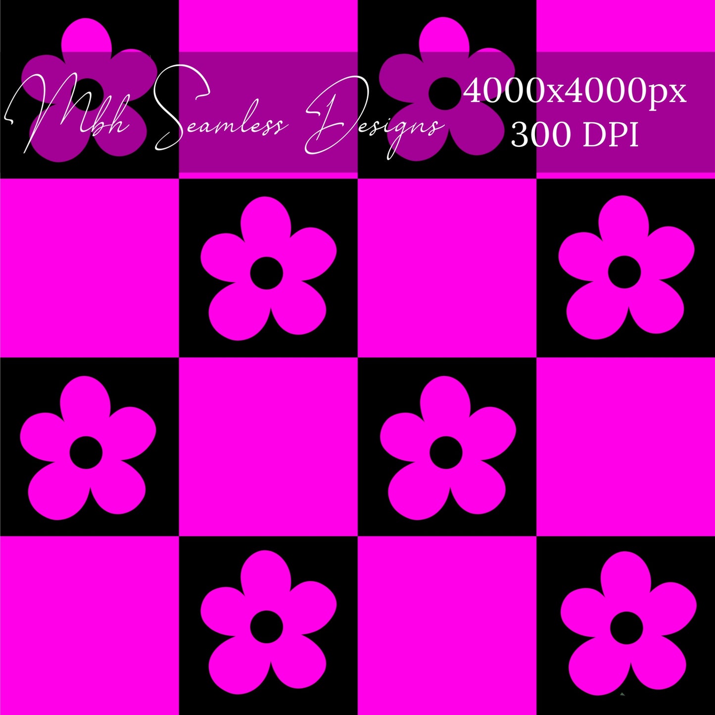 Neon Pink Black Checkered Floral Seamless Pattern