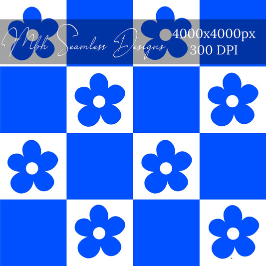 Neon Royal Blue Checkered Floral Seamless Pattern