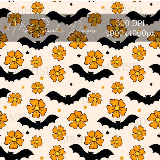 Orange Floral Bats Seamless Pattern