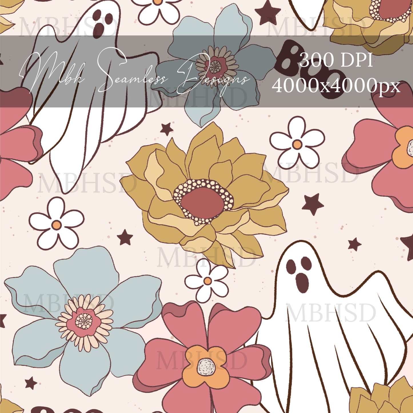 Boo Ghost Floral Seamless Pattern