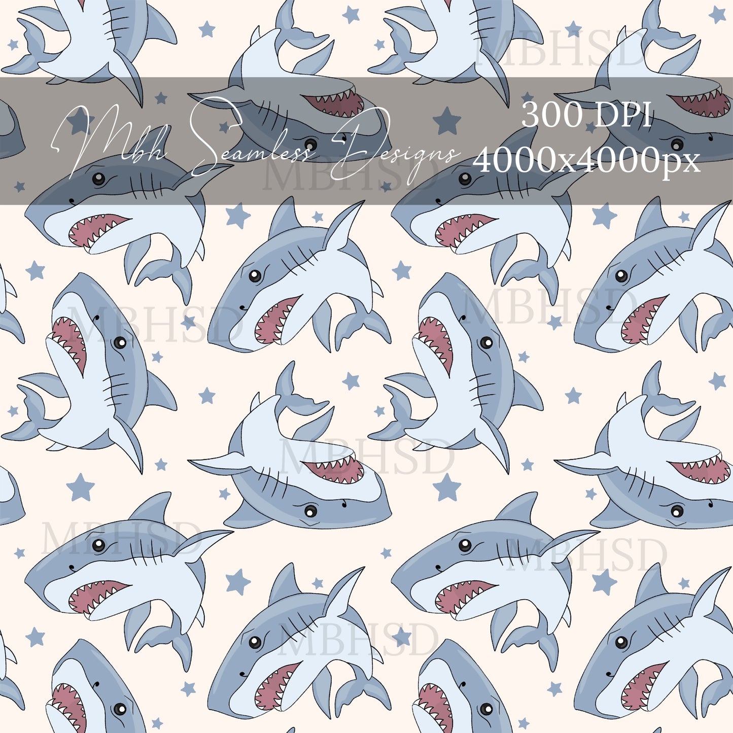 Blue Star Sharks Seamless Pattern