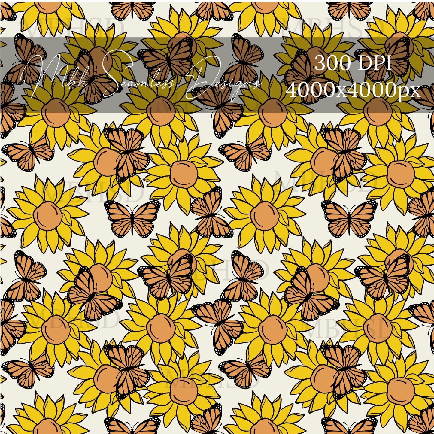 Butterfly Sunflowers Seamless Pattern