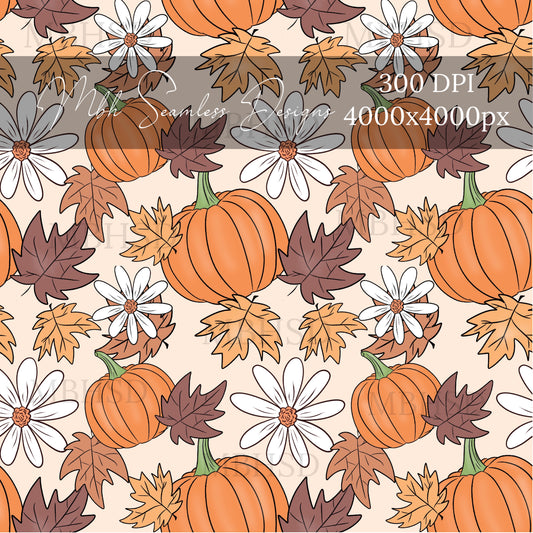 Pumpkin Floral Leaves Seamless Pattern