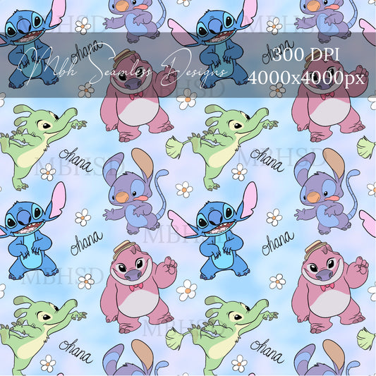 Ohana Stitch & Cousins Daisies Seamless Pattern