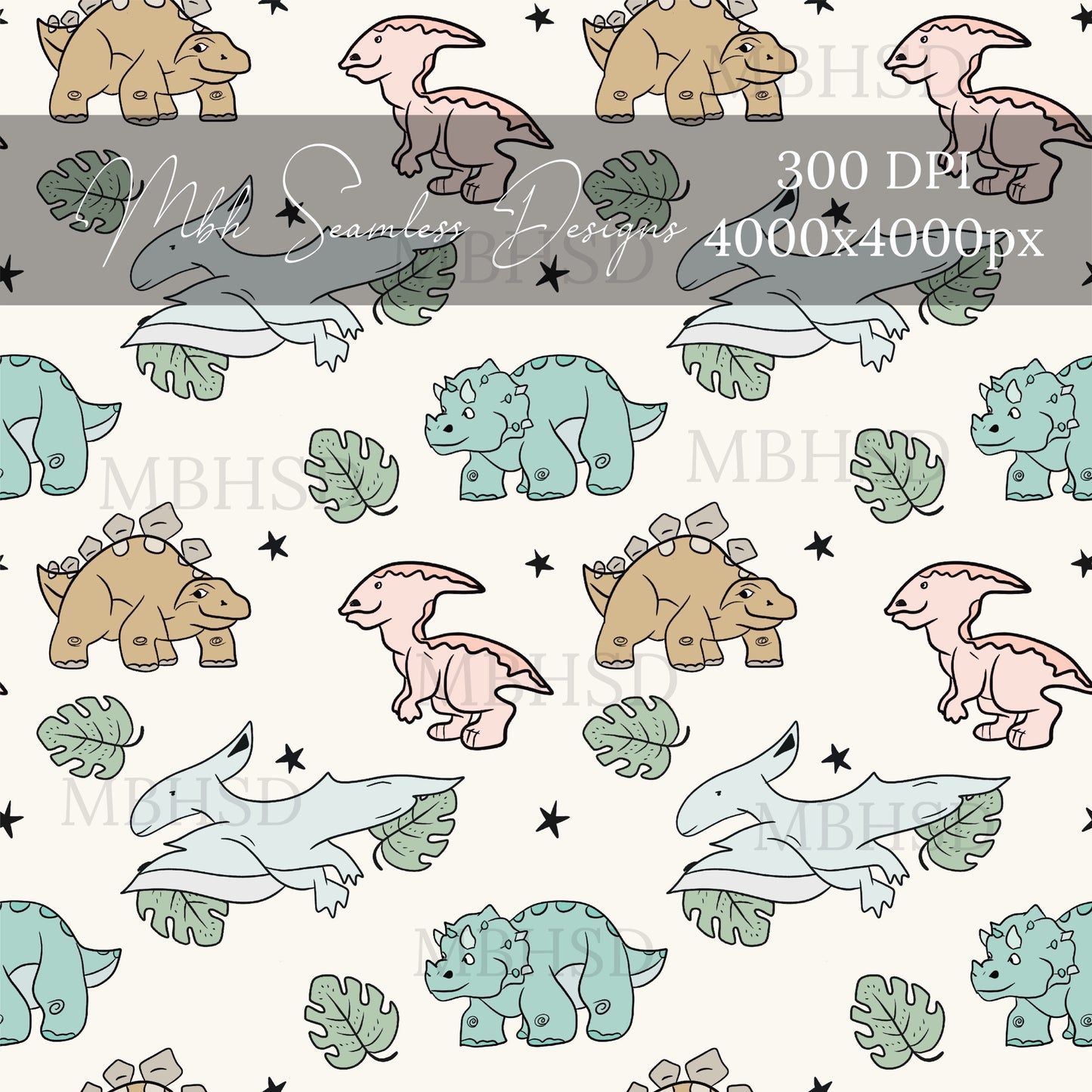 Boho Dinosaurs Seamless Pattern