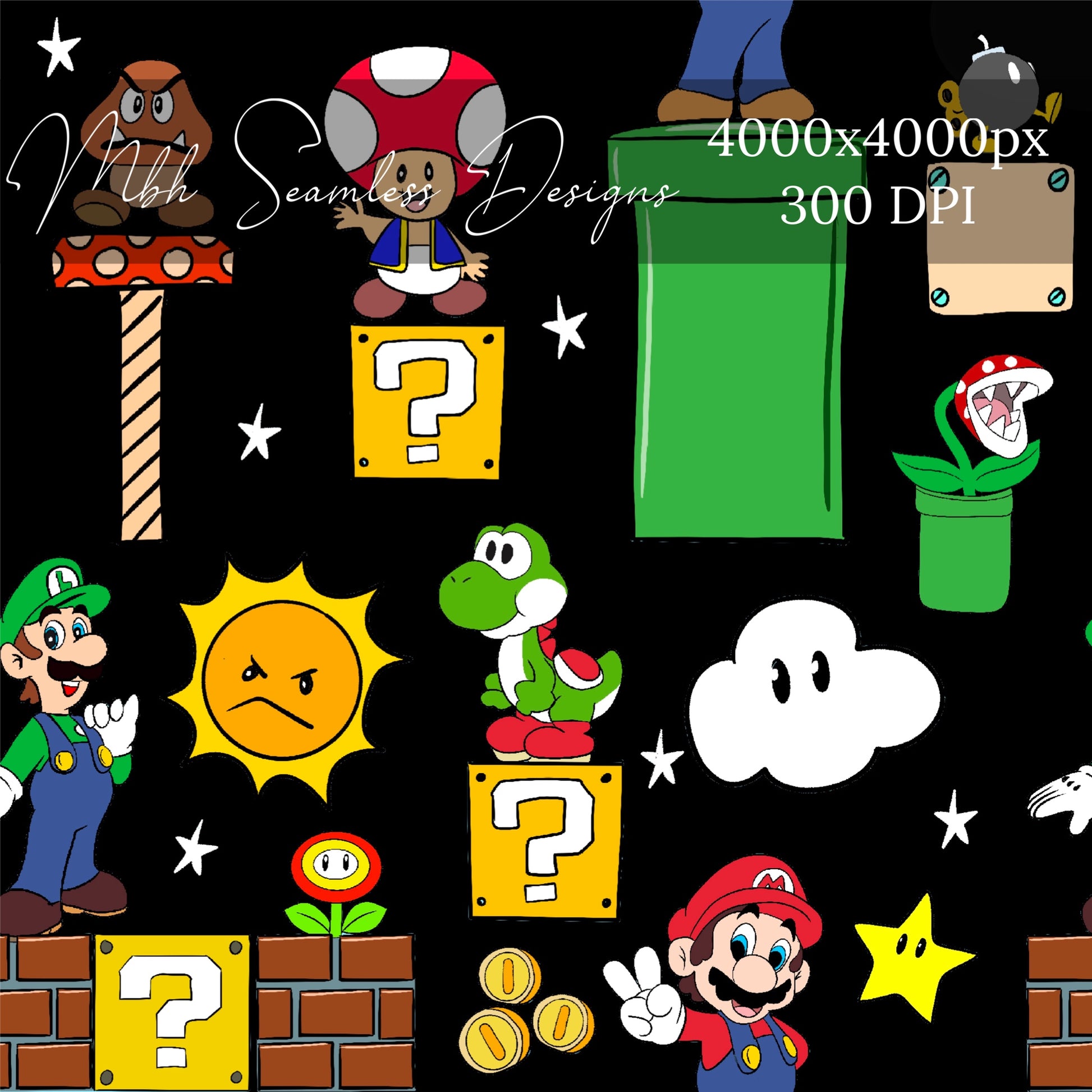 Mario and Friends Midnight Seamless Pattern – MBH Seamless Designs