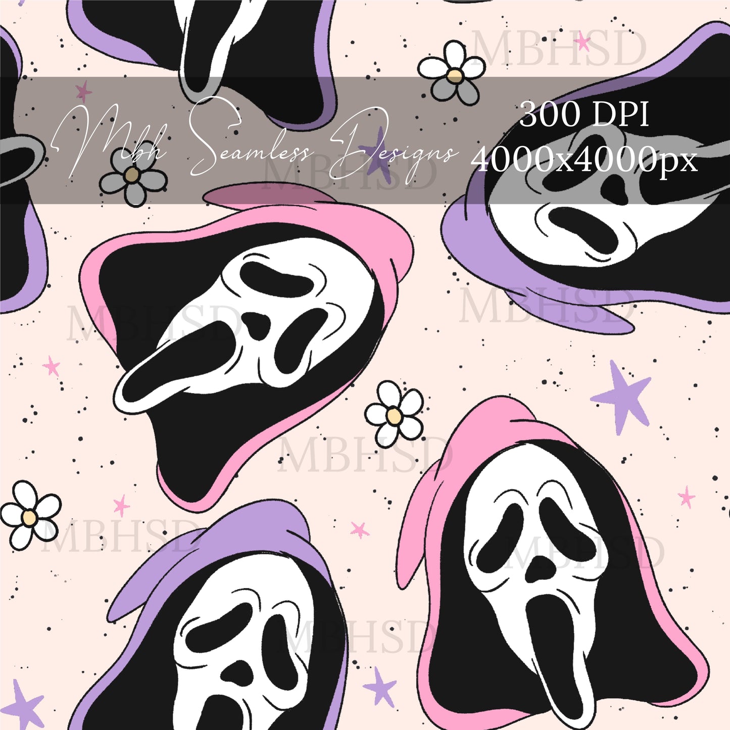 Ghost Face Lavender Pink Daisies Seamless Pattern