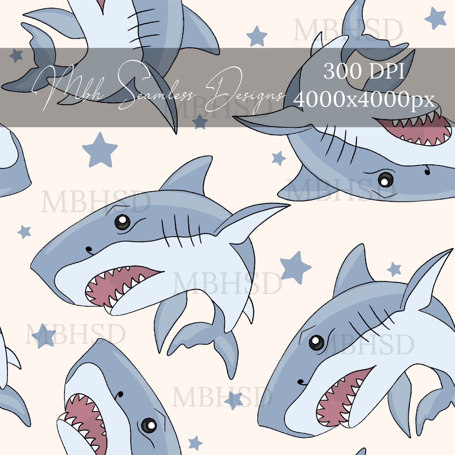 Blue Star Sharks Seamless Pattern