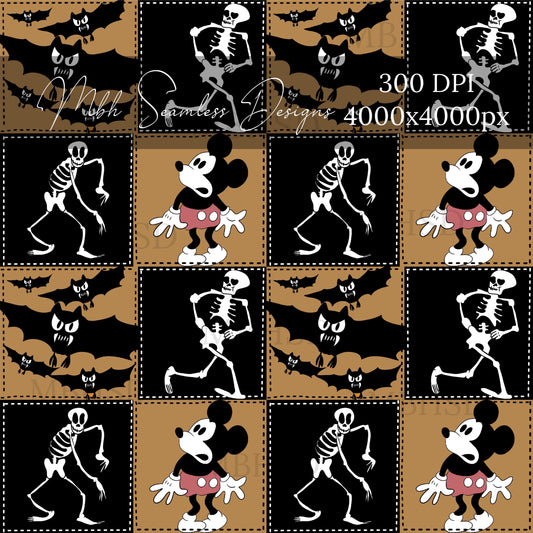 Vintage Mouse Haunted House Quilt Dijon Seamless Pattern