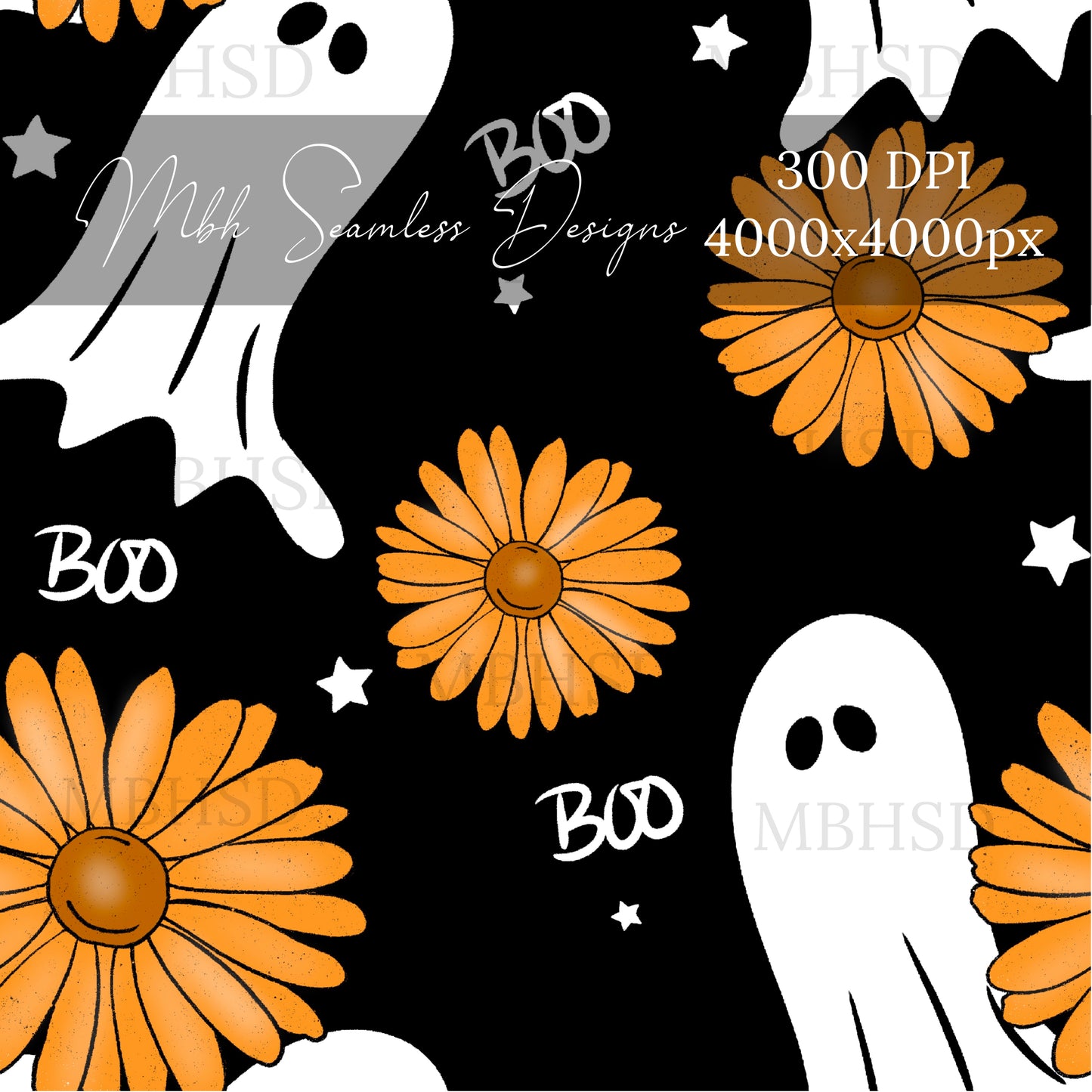 Midnight Floral Boo Ghosts  Seamless Pattern