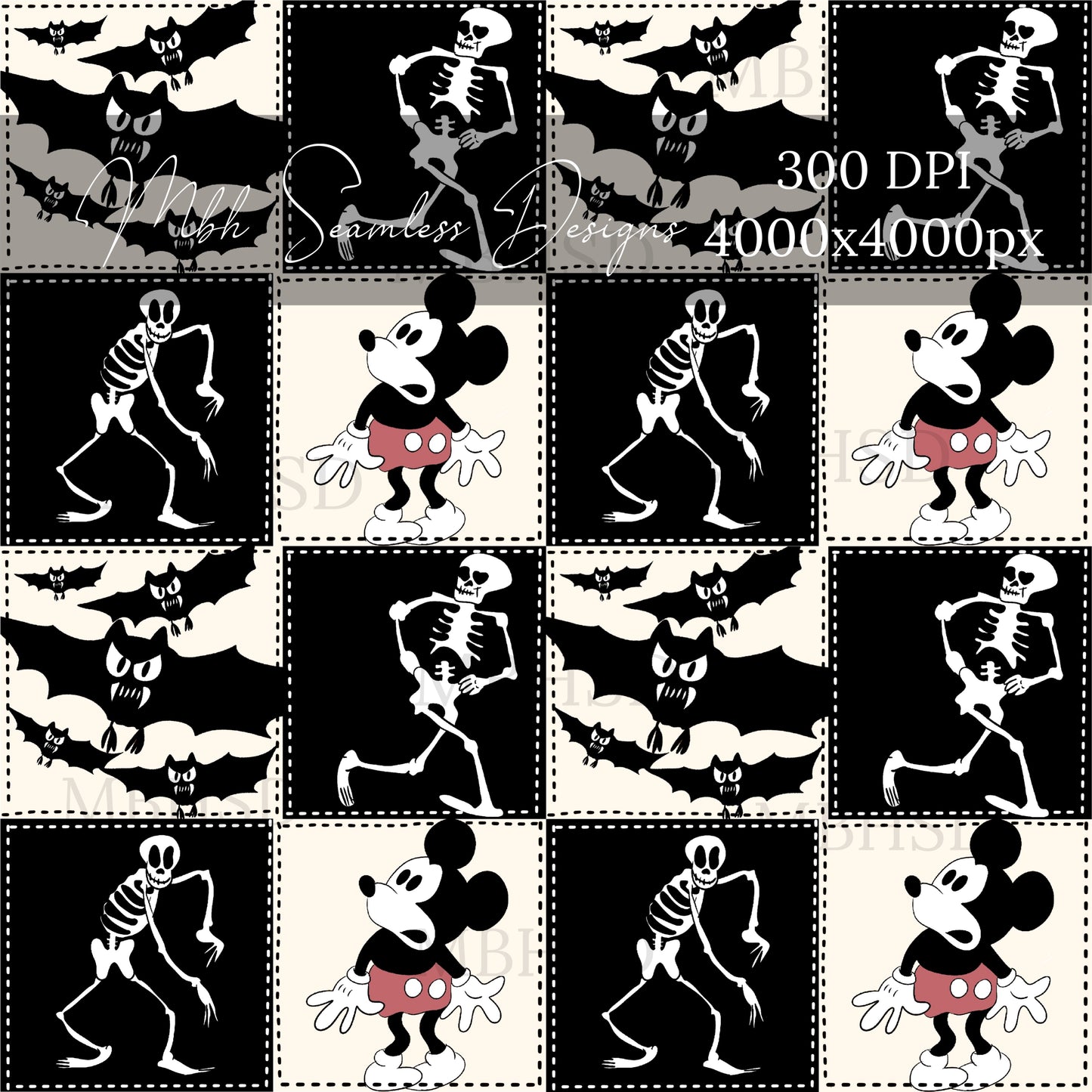 Vintage Mouse Haunted House Quilt Seamless Pattern