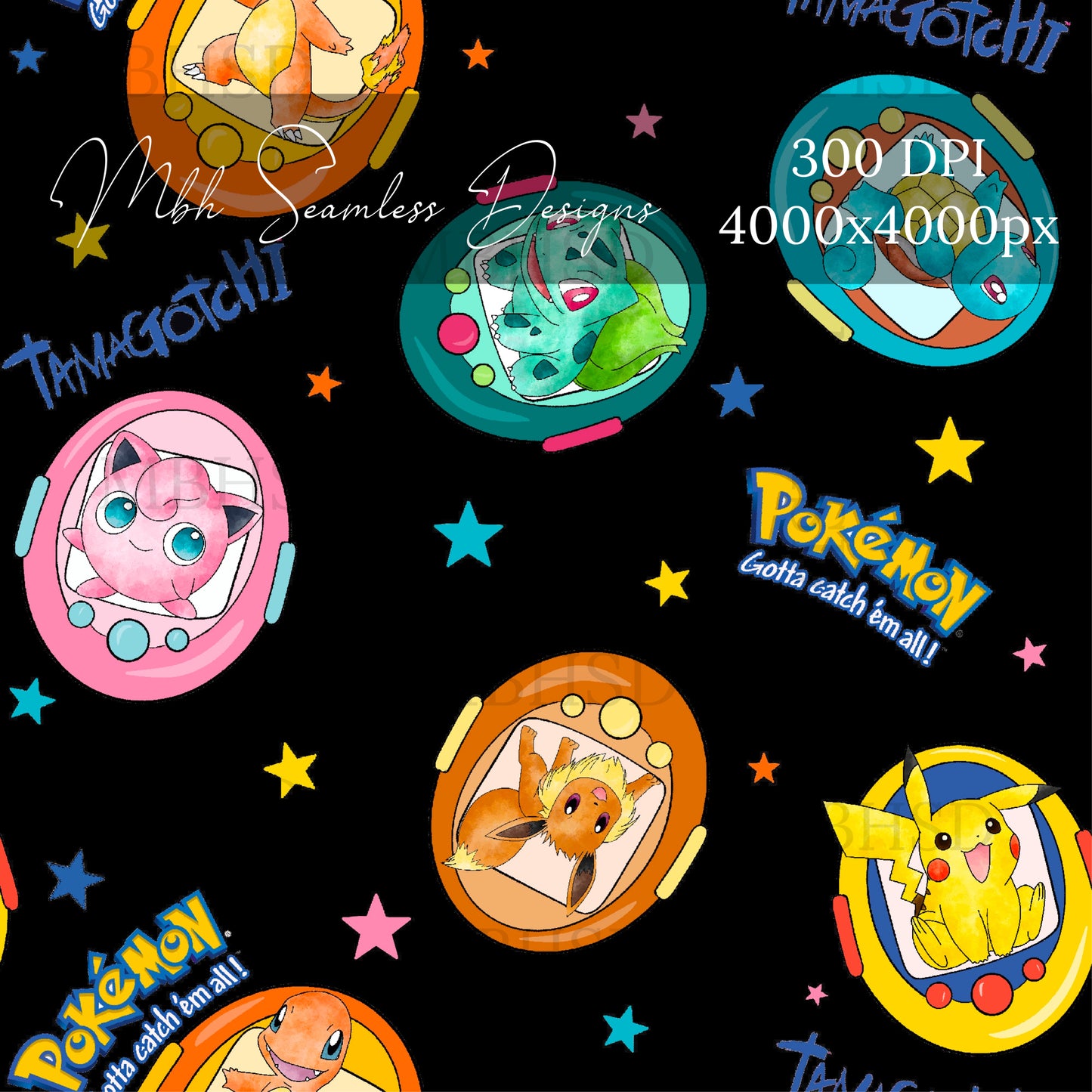 Midnight Starry Tamagotchi Pokeman Seamless Pattern