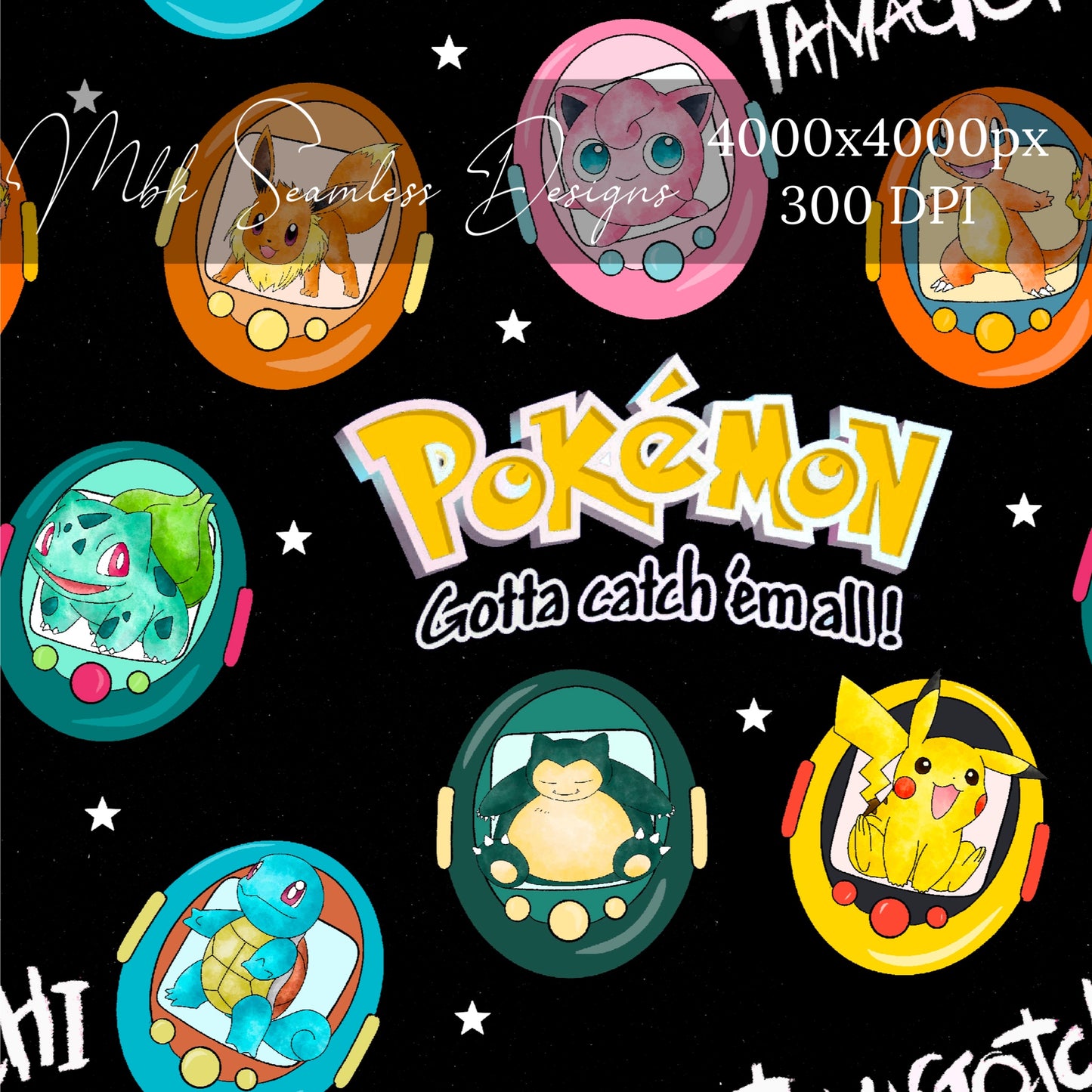 Midnight Tamagotchi Pokeman Seamless Pattern