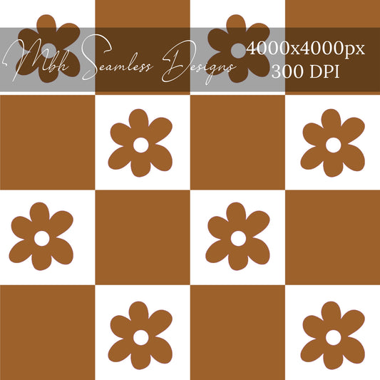 Brown Checkered Floral Seamless Pattern