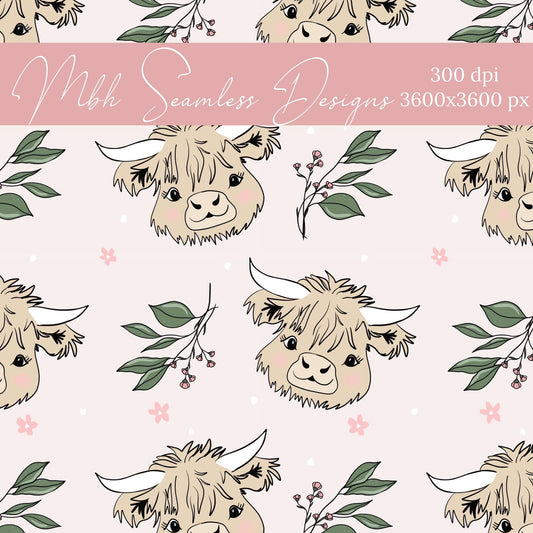 Boho Highland Cow Seamless Pattern