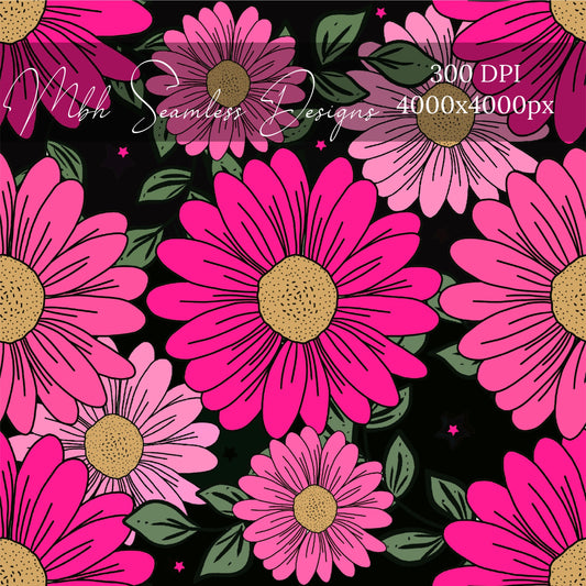 Midnight Bright Pink Daisies Seamless Pattern