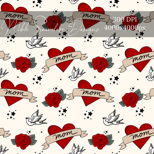 Mom Dove Tattoo Heart Seamless Pattern