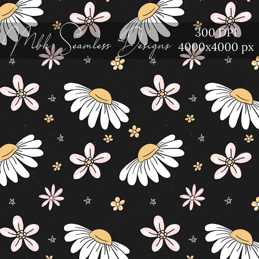 Charcoal Boho Daisies Seamless Pattern