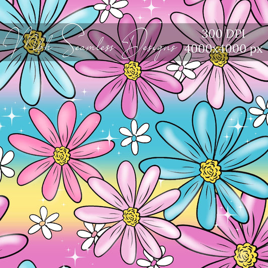 Sparkling Gradient Pink Blue Yellow Floral Seamless Pattern