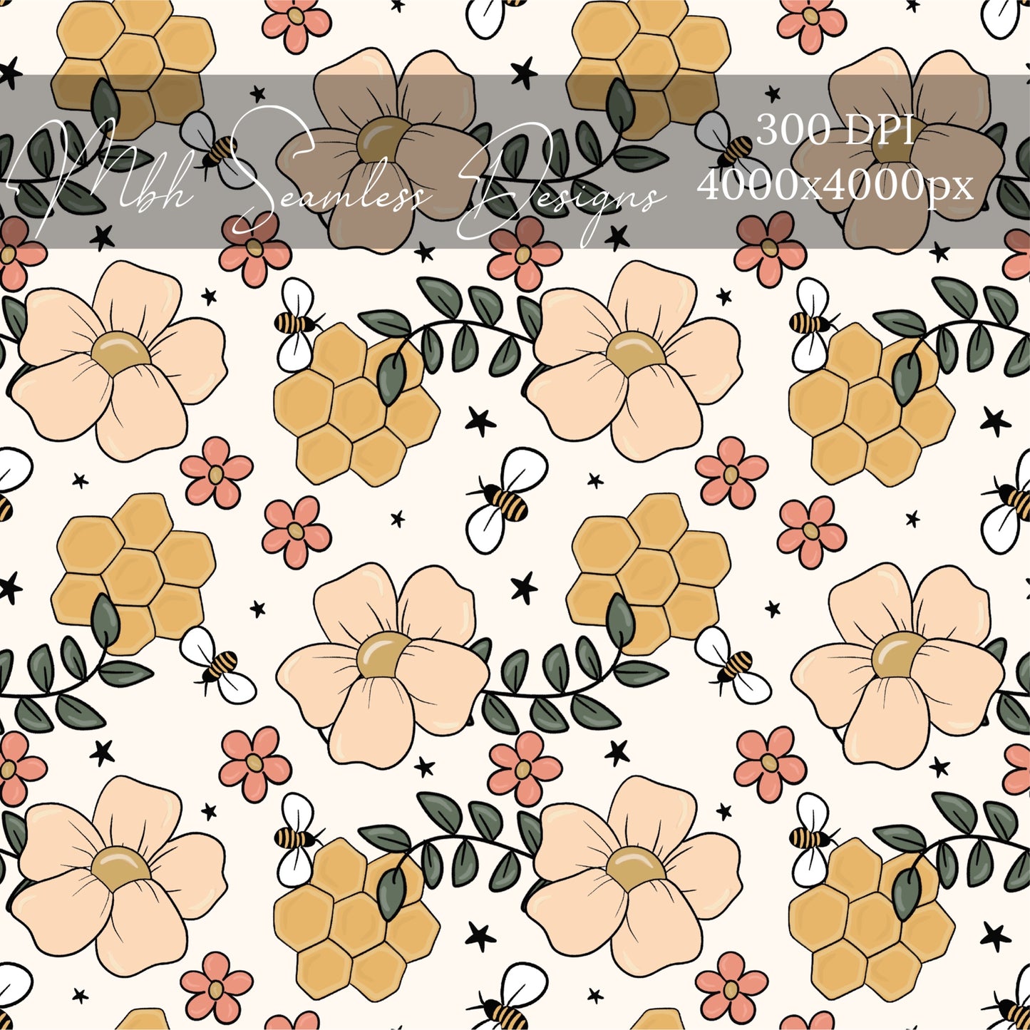 Boho Honeycomb Floral Seamless Pattern