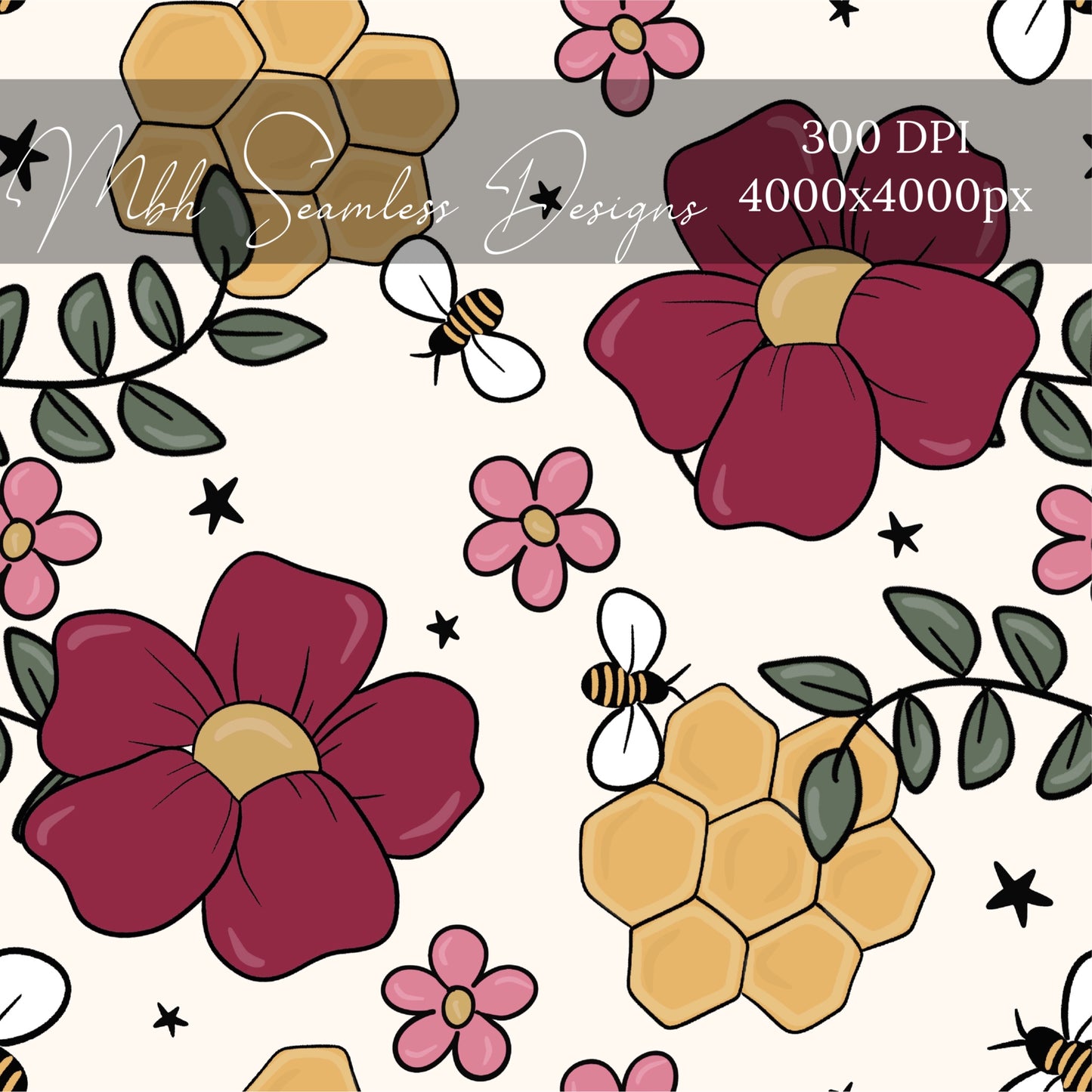 Boho Honeycomb Wine Mauve Floral Seamless Pattern