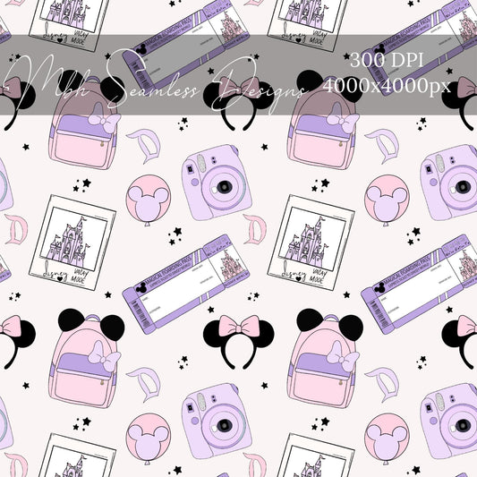 Purple Camera Mouse Vacay Seamless Pattern