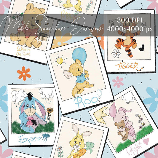 Pooh & Friends Polaroids BLUE Seamless Pattern