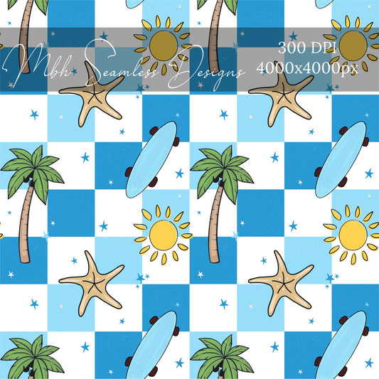 Blue Checkered Summer Seamless Pattern