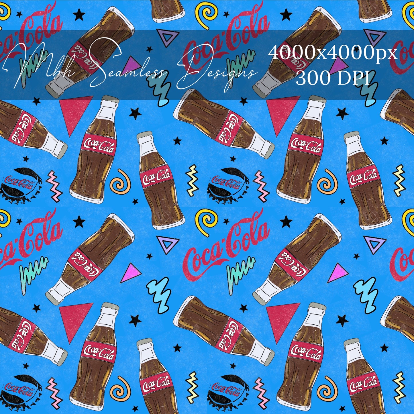 90s Blue Distressed Cola Seamless Pattern