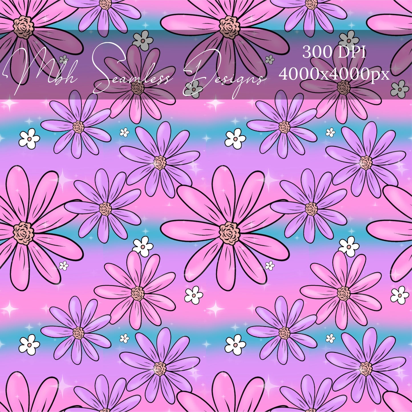 Gradient Pink Purple  Floral Seamless Pattern