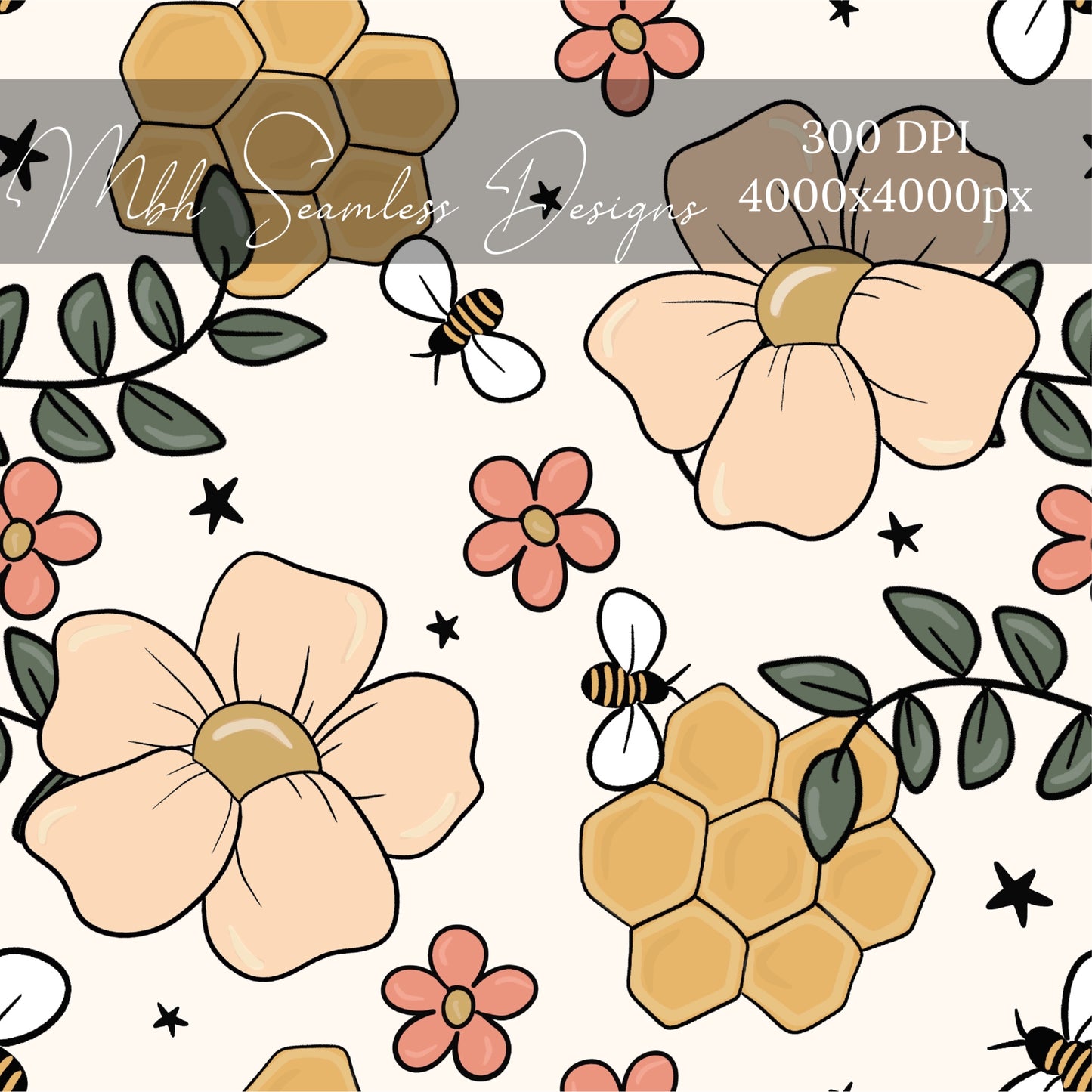 Boho Honeycomb Floral Seamless Pattern