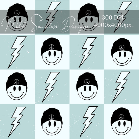 Checkered Peace Beanie Smiley Face Seamless Pattern