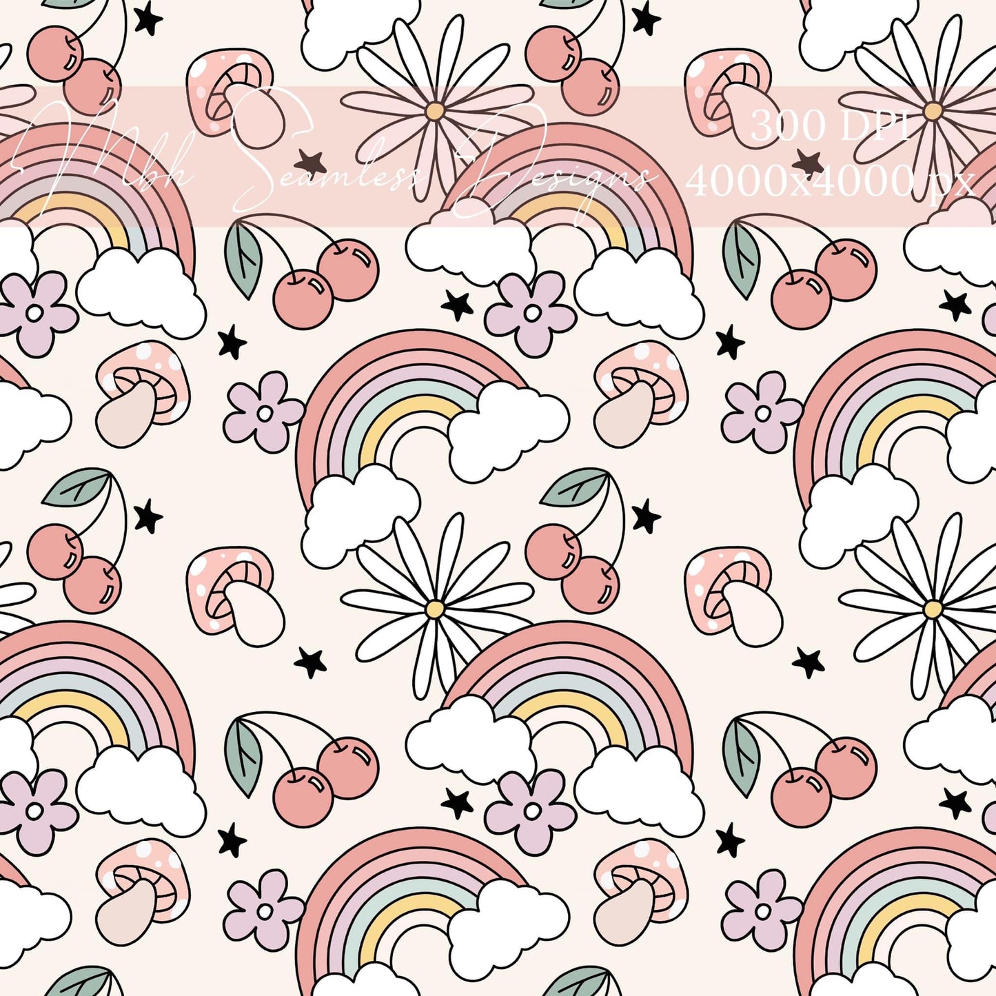 Retro Cherry Rainbows Seamless Pattern