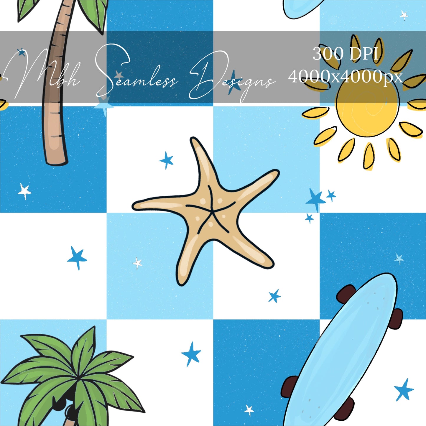 Blue Checkered Summer Seamless Pattern