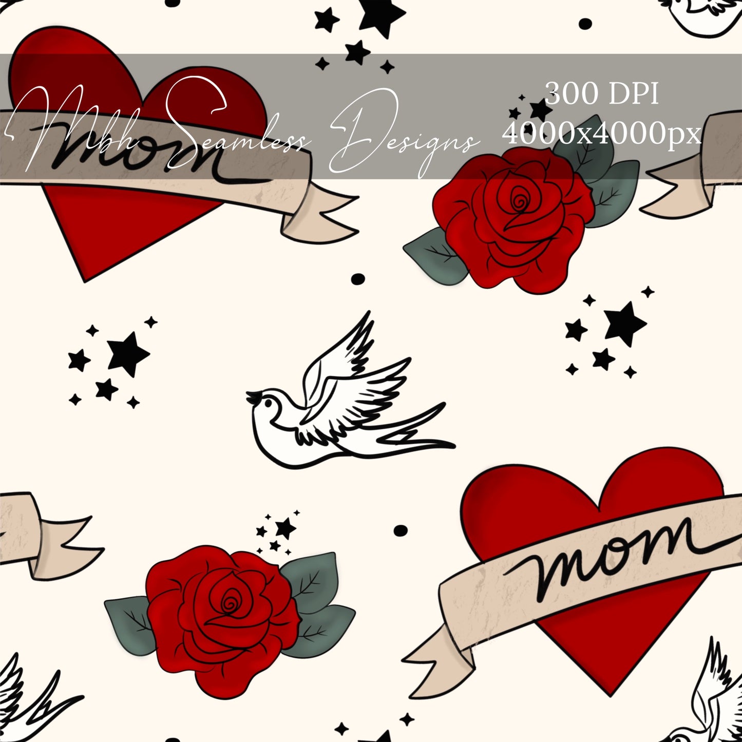 Mom Dove Tattoo Heart Seamless Pattern