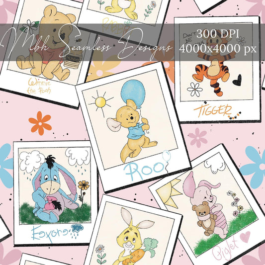 Pooh & Friends Polaroids PINK Seamless Pattern