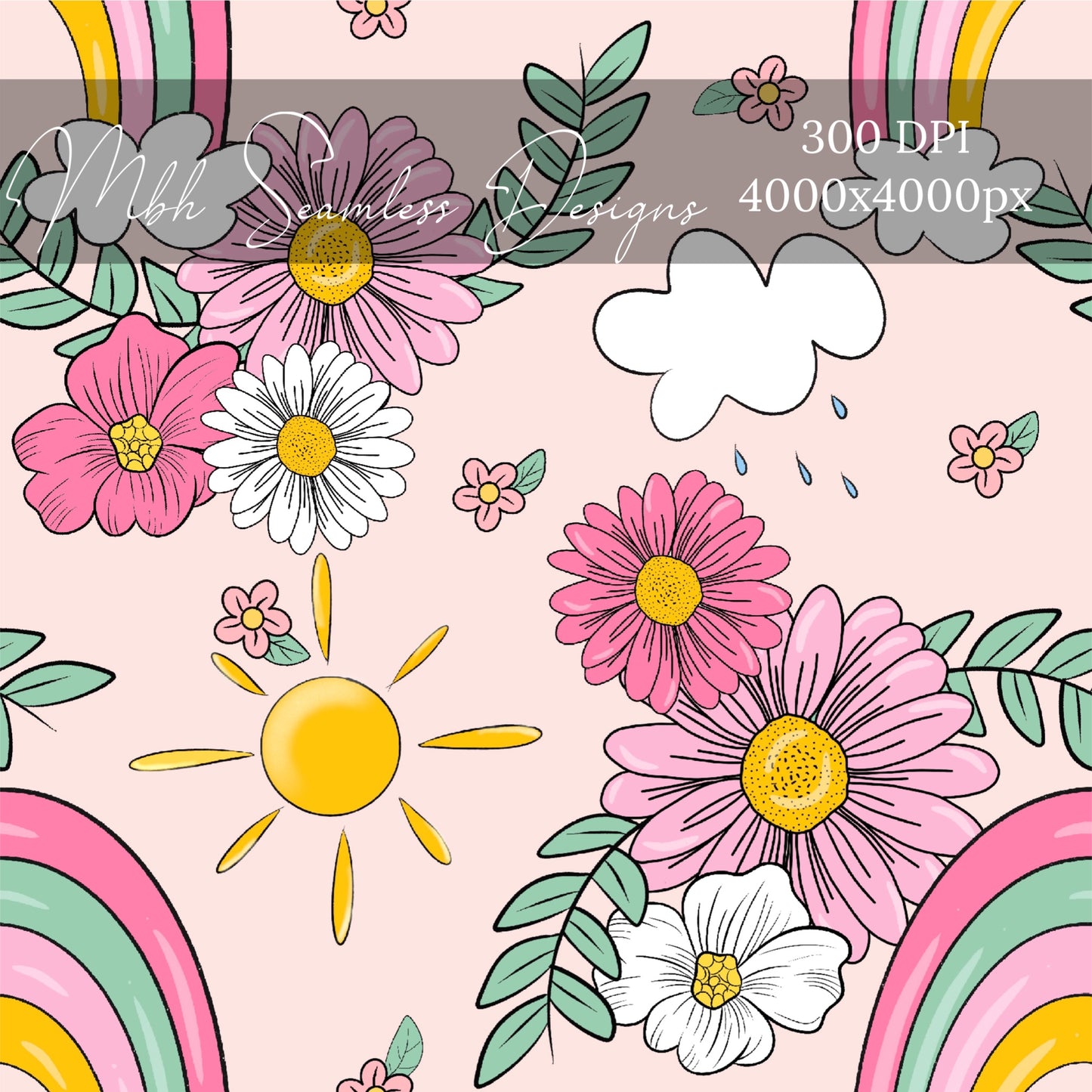 Pink Spring Rainbow Floral Seamless Pattern