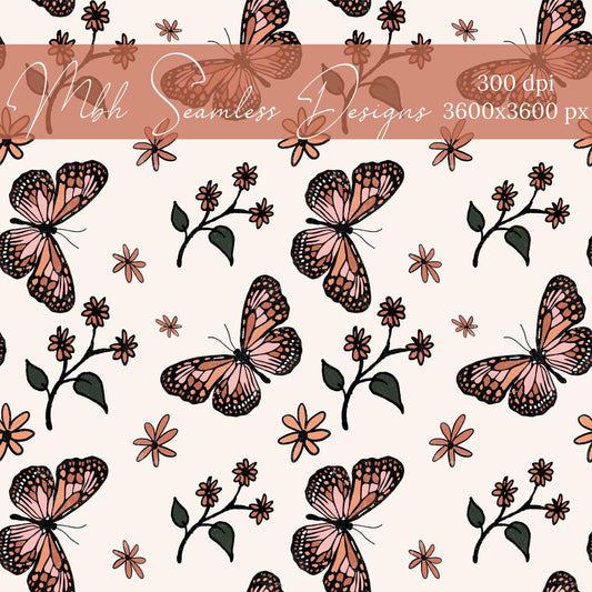 Bohemian Butterfly Flowers Seamless Pattern