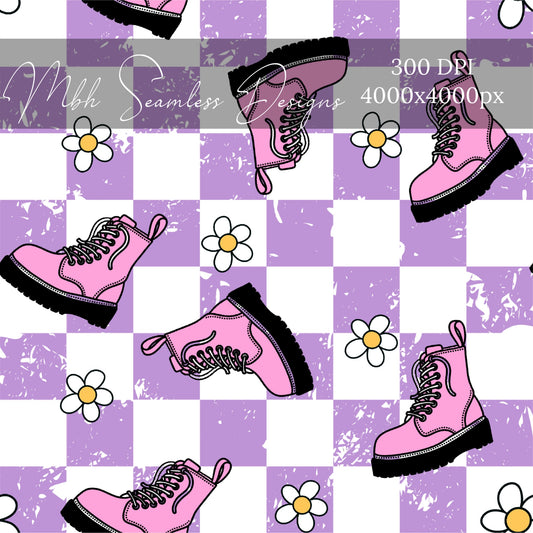 Checkered Combat Boots Daisies Seamless Pattern