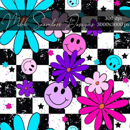 Checkered Smiley Face Floral Seamless Pattern